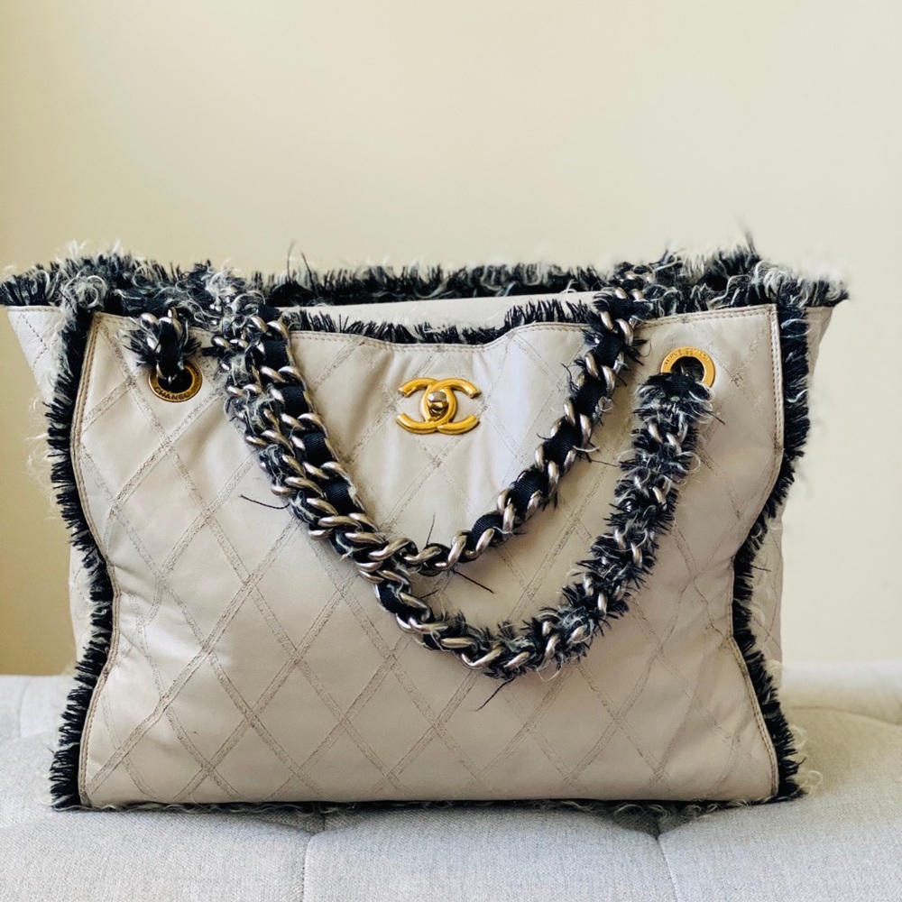 SOLD Chanel Tweed Trim Light Grey Leather Tote
